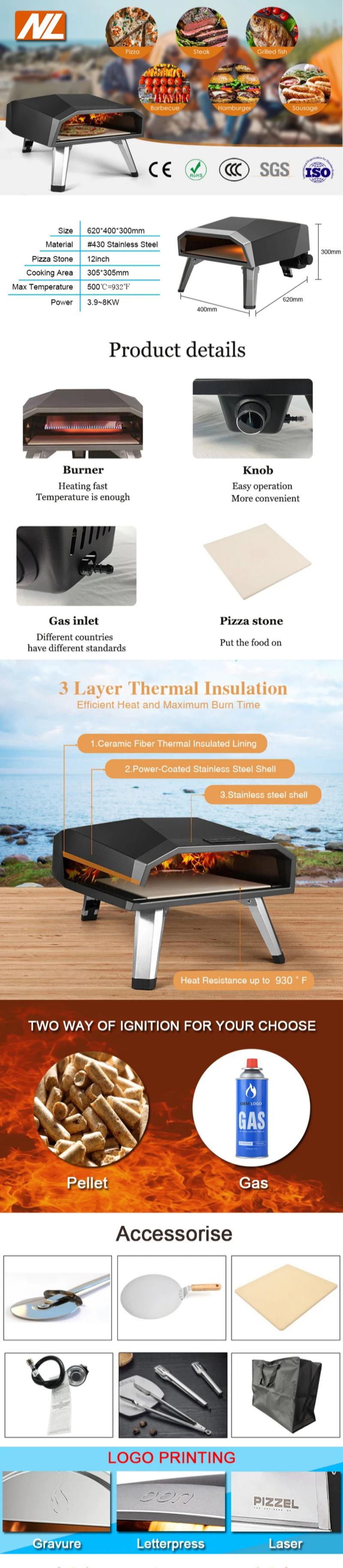 16 Inch Gas Pizza Oven for Countertop Stainless Steel Portable Propane Outdoor Baking