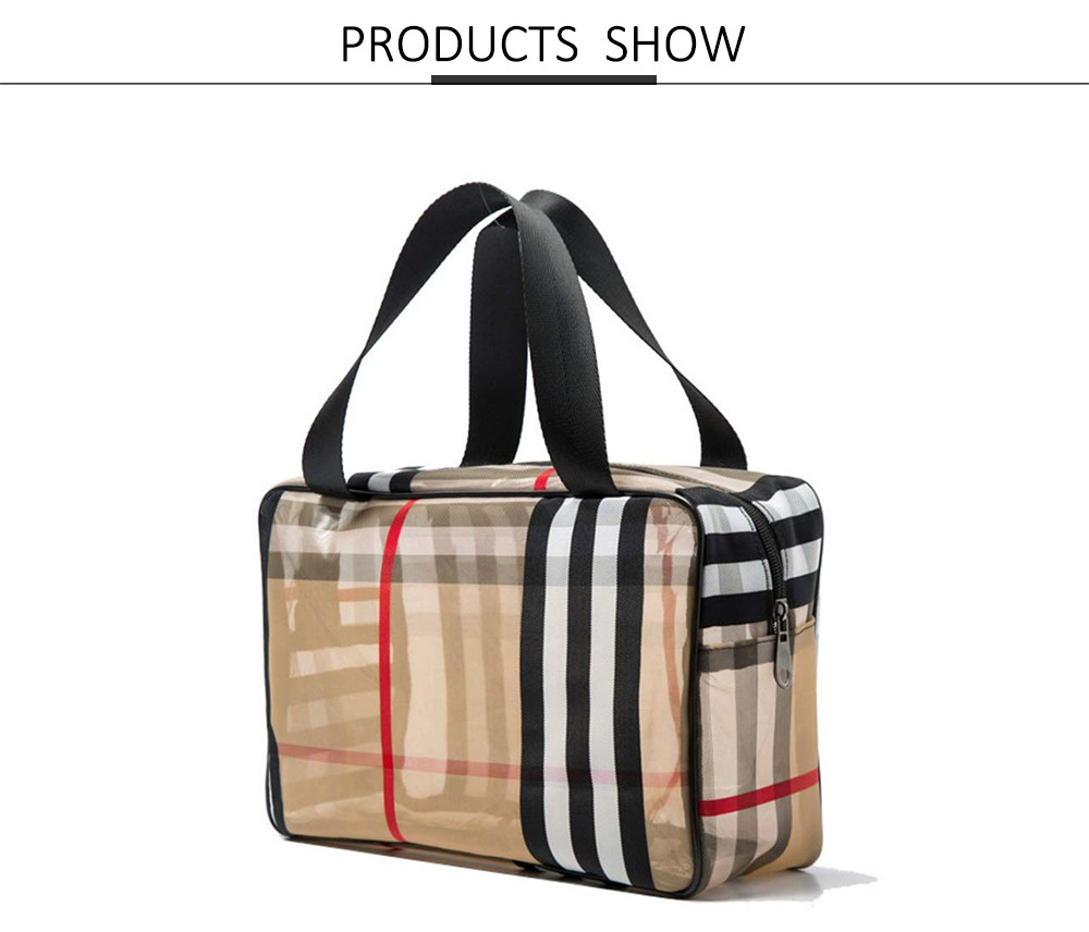 Travel Khaki PVC Stripe Mesh Makeup Bag For Women