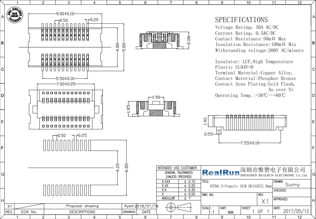 Female Type PCB Board To Board Connectors 0.5mm Pitch For Electrical Lines