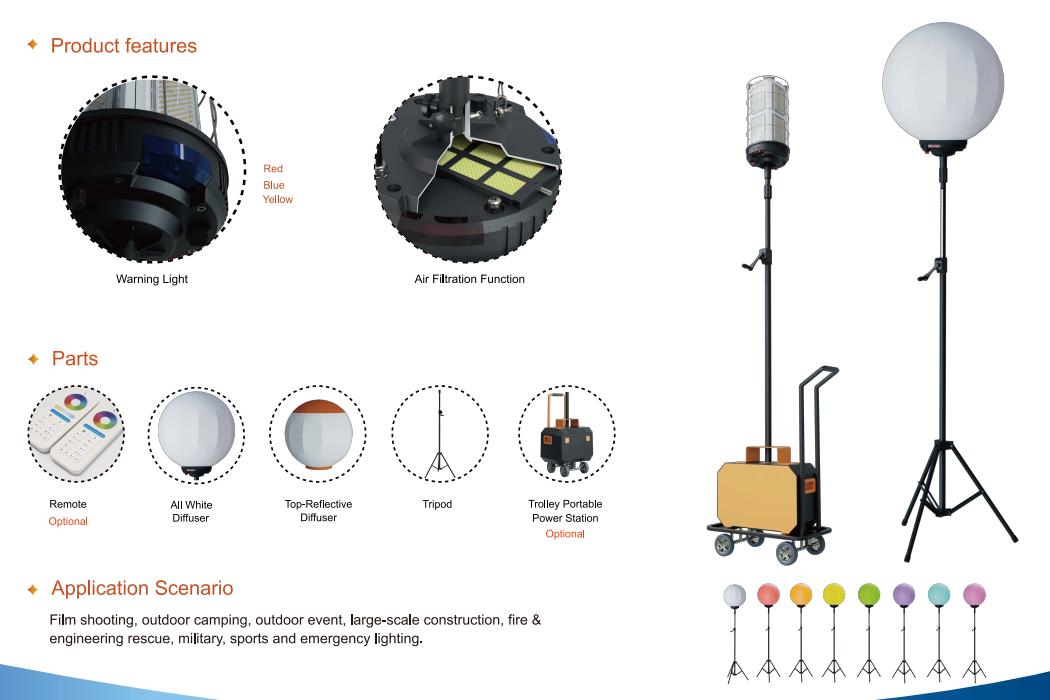 1200W AC100-277V Waterproof LED Balloon Work Light Tower Easily Movable for Construction