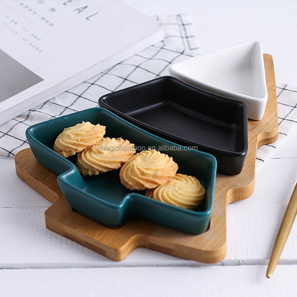 Festive Bamboo Table Tray with Three Removable Ceramic Dishes and Christmas Tree Shape