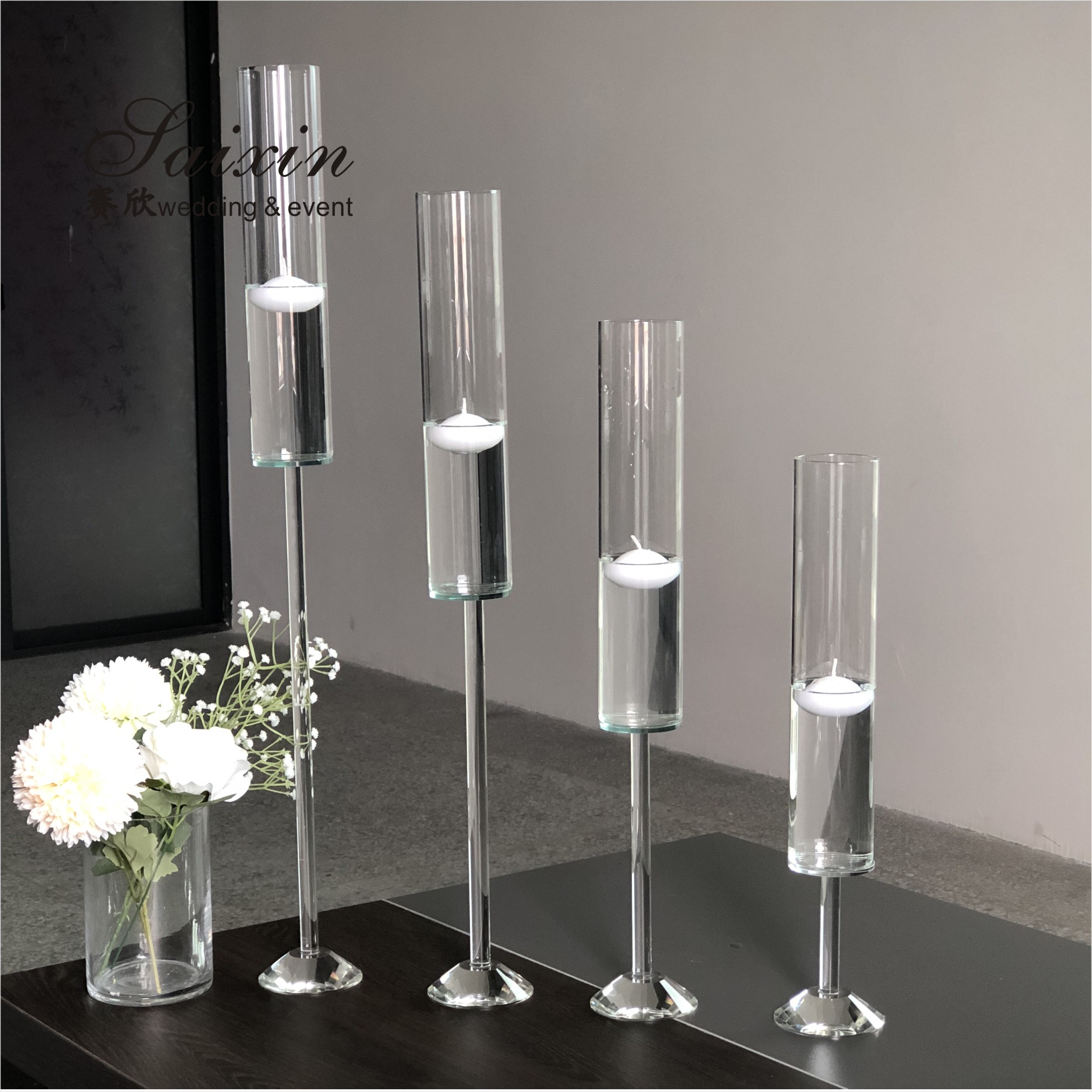 ZT-007T Set long stemmed glass vase floating candle glass holder for Wedding Decoration