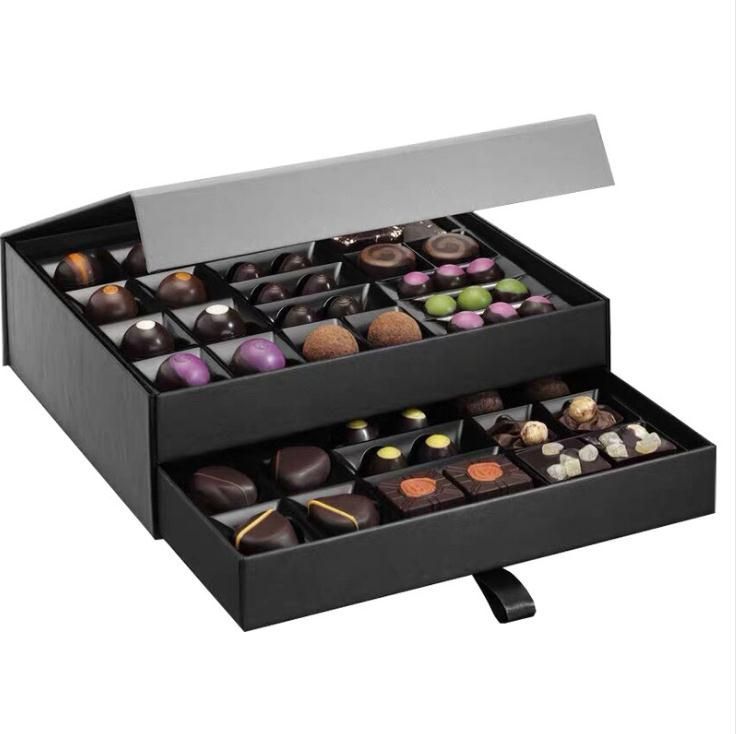 Cuotom Logo Black Art Paper Mounted Cardboard Carton Magnetic Packaging Boxes Double Drawer Type Assorted Food Chocolate Candy Box with Compartment