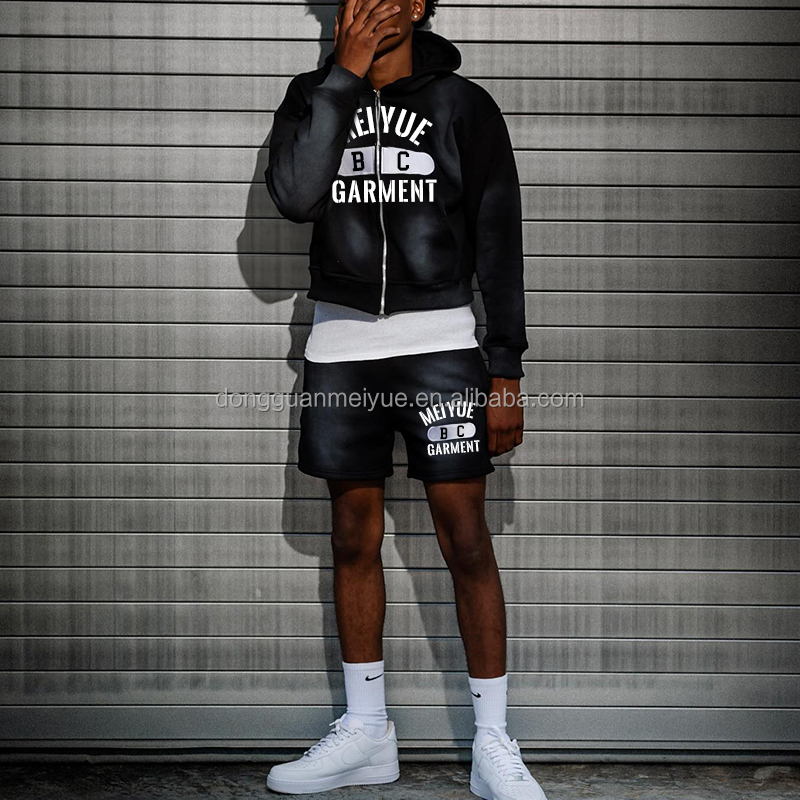Custom Acid Wash Cropped Hoodie Vintage Shorts Track Suit Sun Faded Shorts Zip up Screen Print Hoodies and Short Set for Men