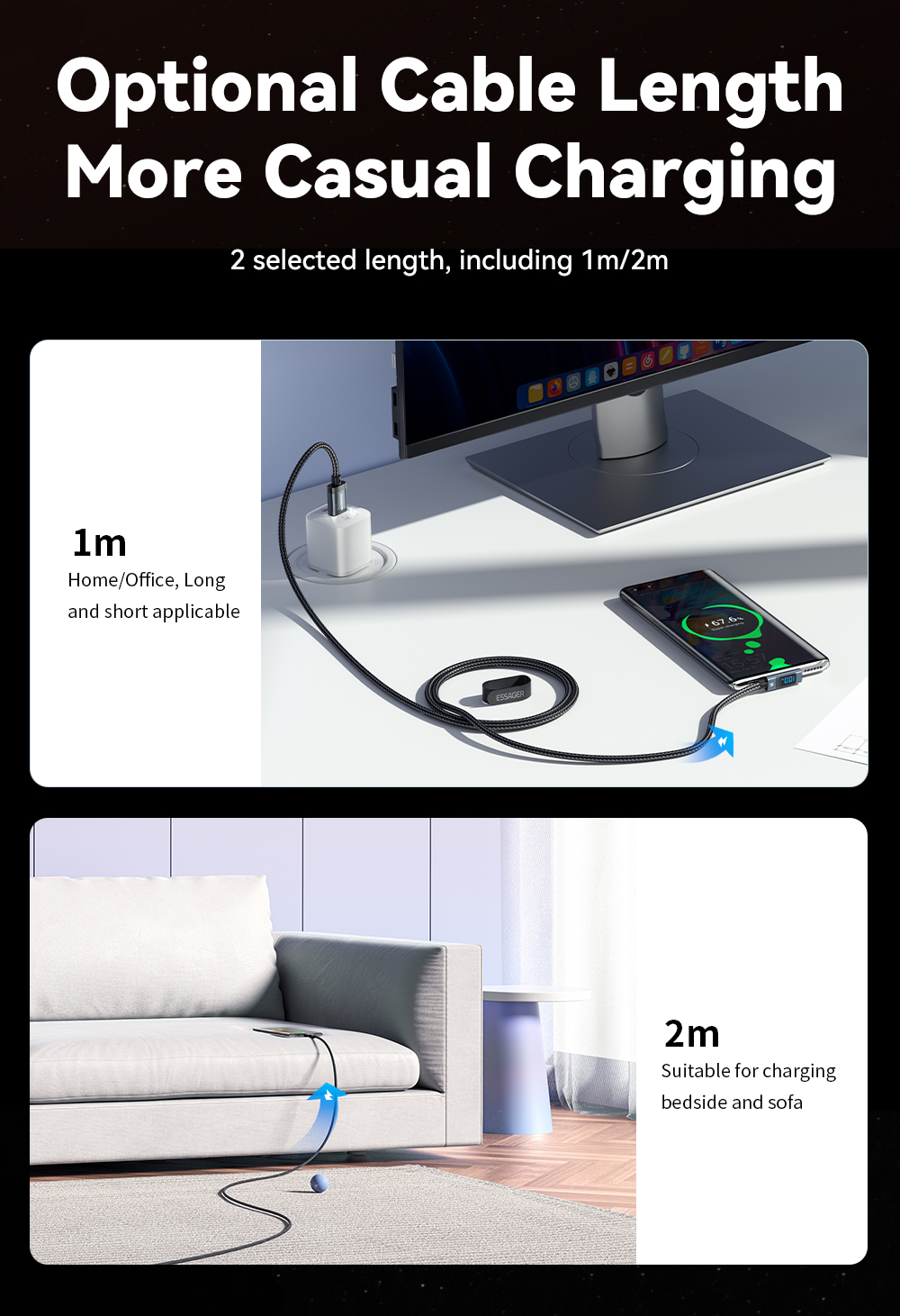 ESSAGER ES-X47 Series 100W A-C 1m Short 2m Long USB C Cable
