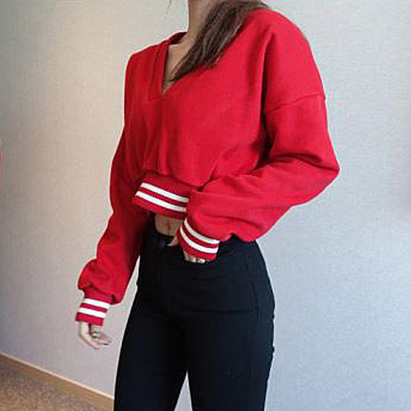 Fashion Women'S Drop Shoulder Sweatshirt , V Neck Crop Top Pullover Red Black