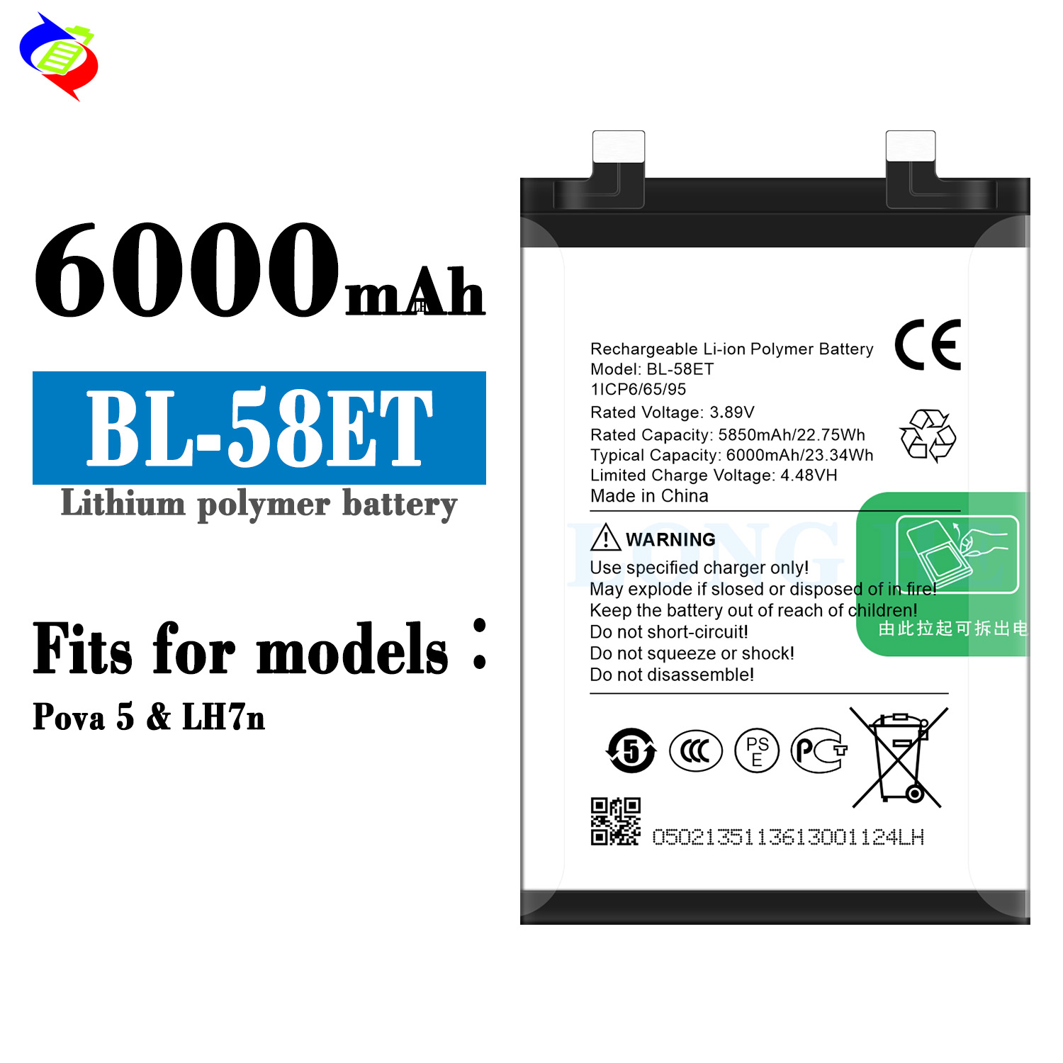 Replacement Li-ion Polymer Battery BL-58ET With 6000mAh Capacity For Tecno Pova 5