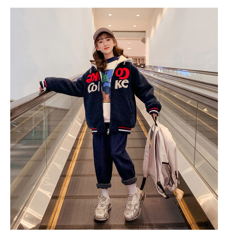 Girls extra thick coat children's clothing hooded embroidered woolen coat lamb cashmere navy blue casual thermal coat