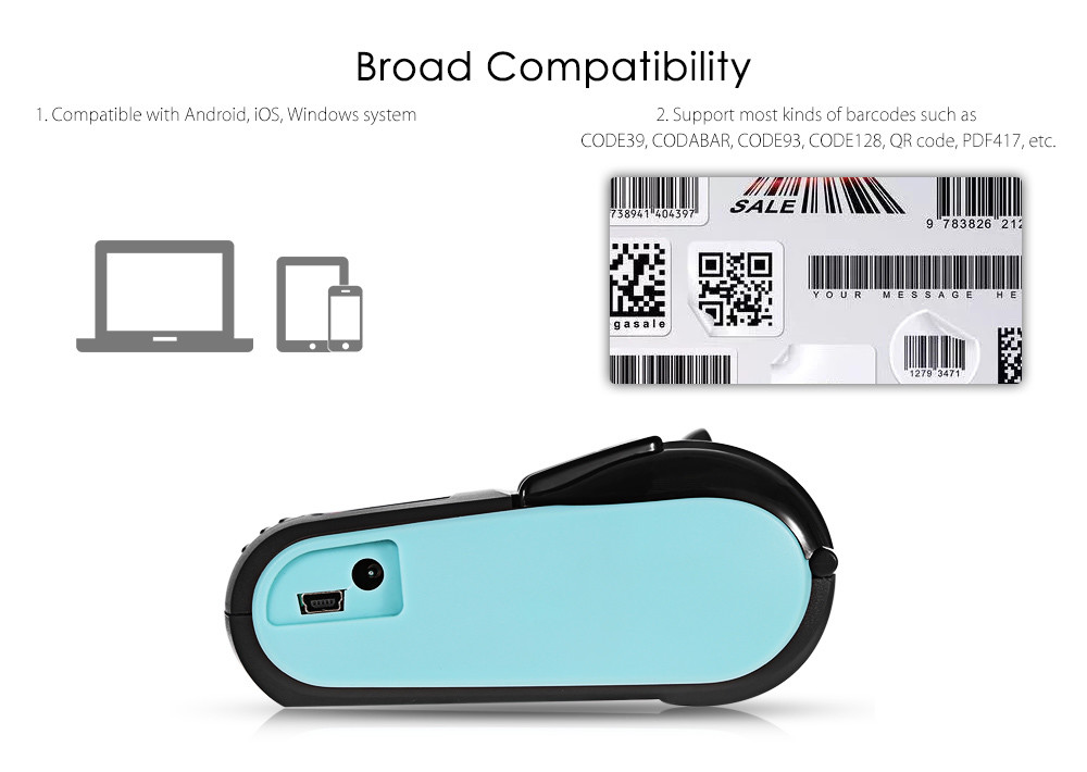 Android / IOS Portable Bluetooth Printer 12V 1A Power 0.12mm Paper Thickness