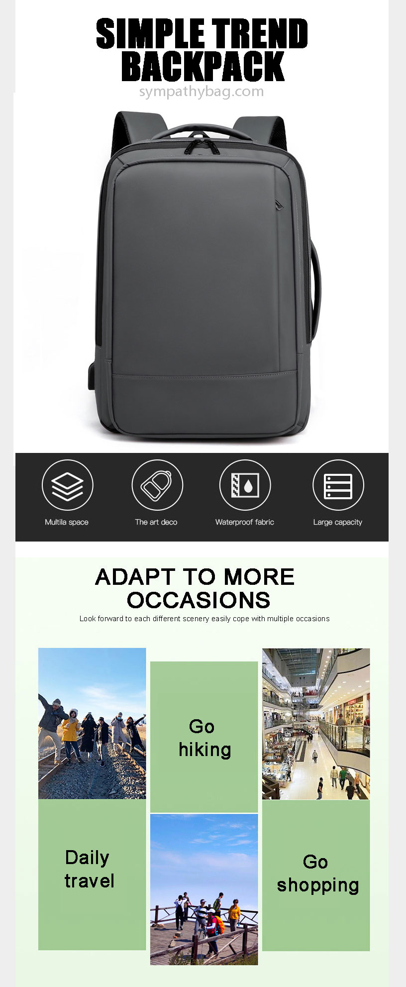 Mens Travel Laptop Backpack With USB Charging Port , High School College Rucksack