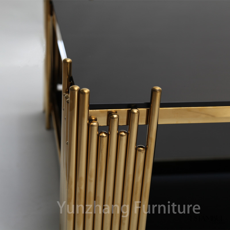 Double Tempered Glass Center Table Rectangle Shape Gold Frame