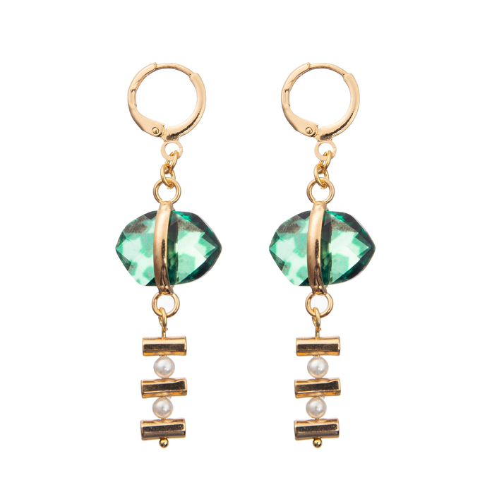 Chain Buckle Enamel Hoop Earrings Set With Gold Plated Oval Turquoise 2 Pearls