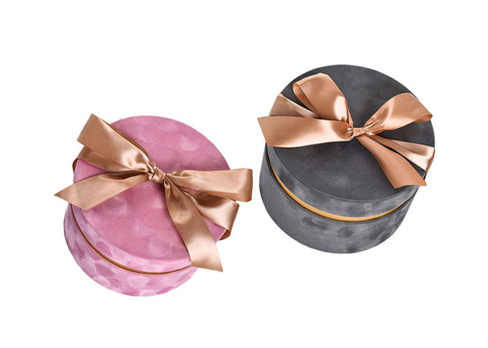 Round Glitter Velvet Jewelry Box , Suede Gift Box Stamping Logo With Top Ribbon