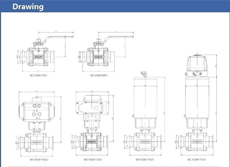 Aluminum pneumatic 3 piece Sanitary Ball Valve with ss304 / 316L