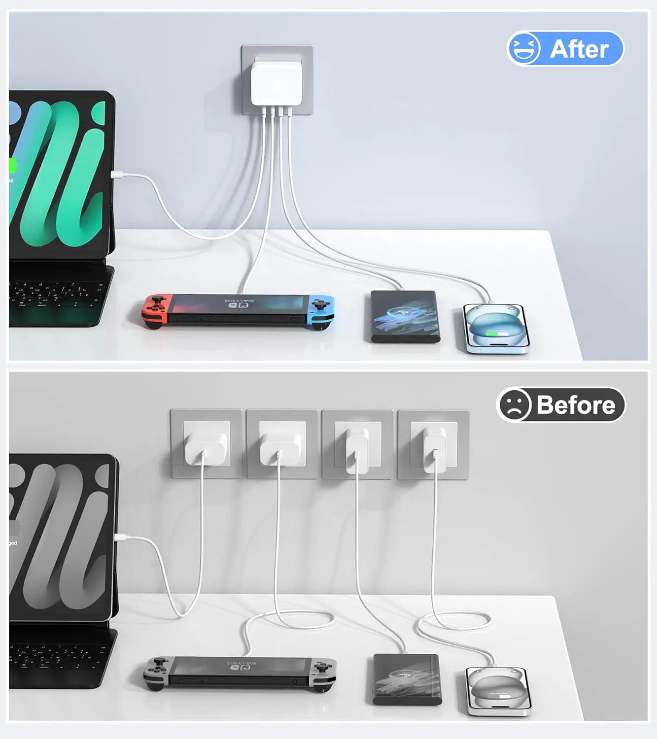 Thin Flat 4 Port Type C PD Fast Charger 40W 20W QC3.0 Wall Plug Power Adapter