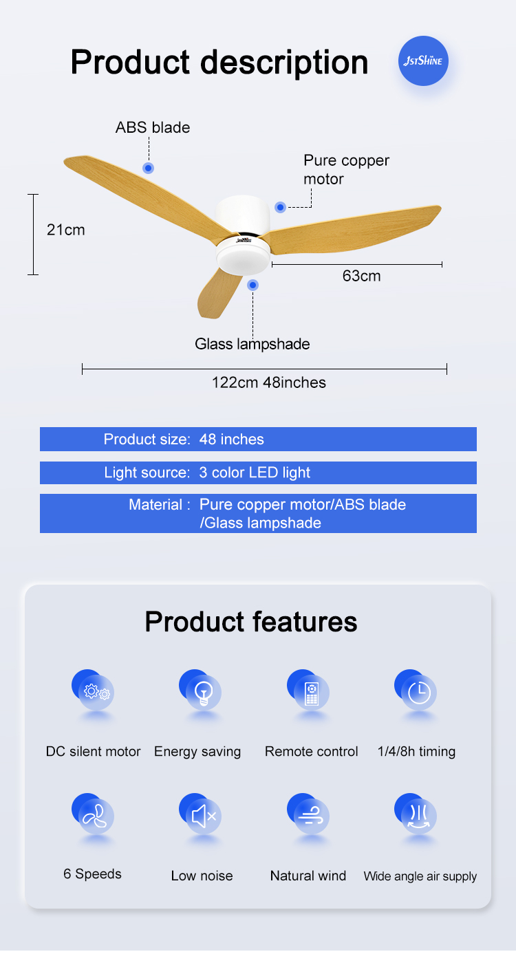 1stshine LED Ceiling Fan Low Ceiling DC Motor 3 Color Blades Water Transfer Printing