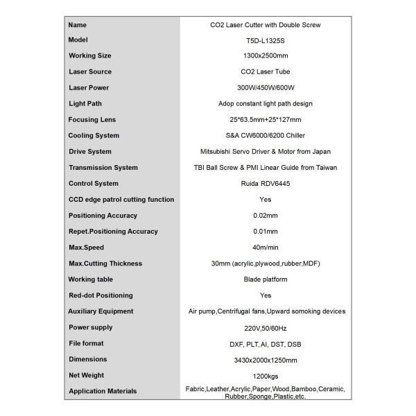Ball Screw Carbon Dioxide Laser Cutter 150W/180W/300W/450W/600W T5D-L1325S