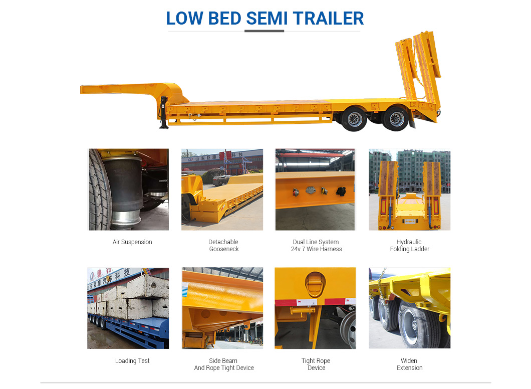 Mechanical/Air Suspension Low Flatbed Truck Trailer for Heavy Duty Equipment Transport