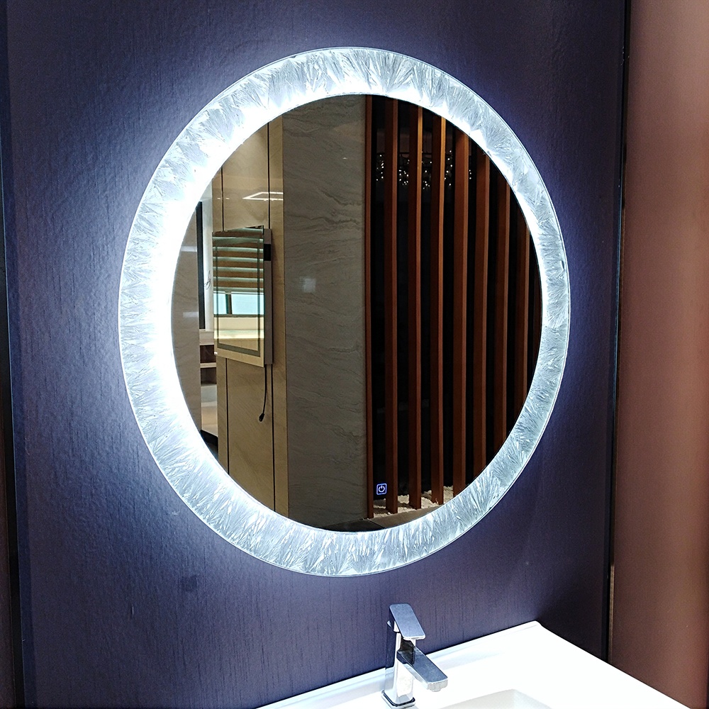Smart Private Label Round Lighted Bathroom Mirror With Clock Ice Flower Frosted