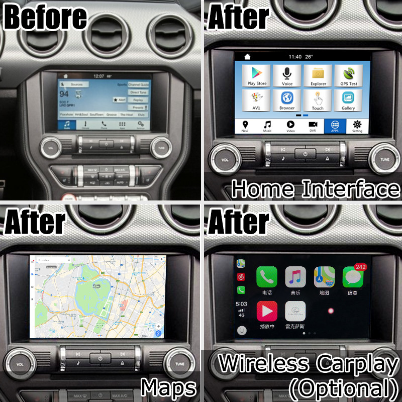 Mustang SYNC 3 Android GPS navigation box WIFI BT Google apps video interface wireless carplay