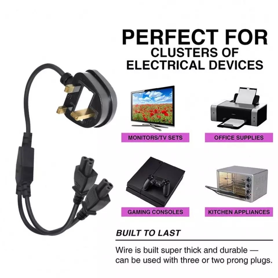 C5 UK 3 Pin Power Cord , 2 In 1 Y Type Electronic Power Cable
