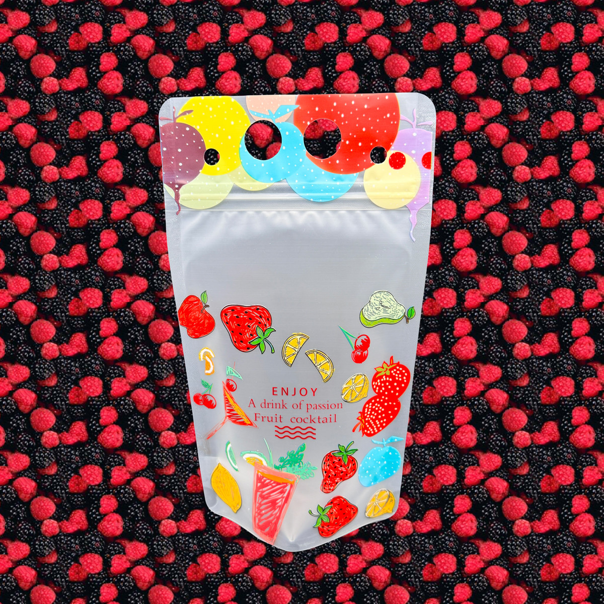 Summer Colorful Fruit Frosted Plastic Resealable Drink Pouches With Straw Holes Hanging Holes For Iced Juice