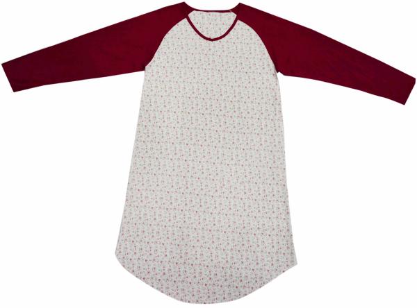 Ladies Cotton Jersey Red/Floral Printed Raglan Long Sleeve V Neck Nightdress