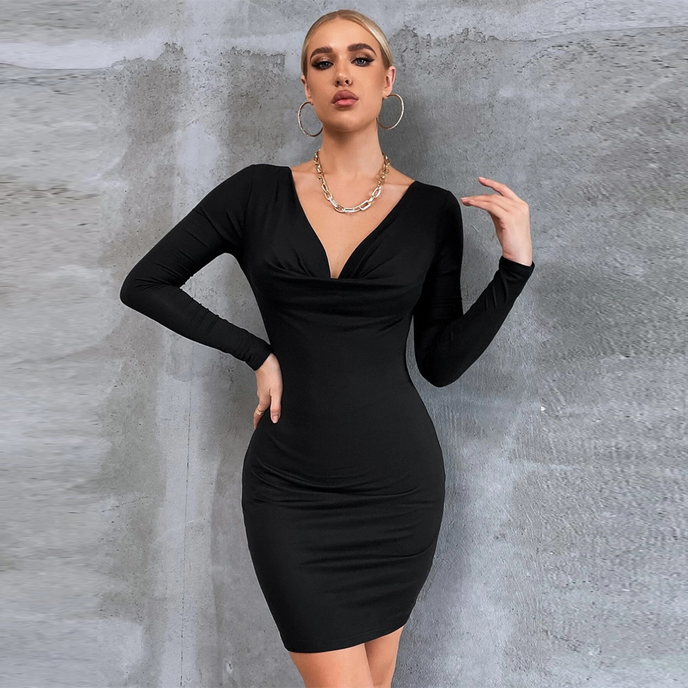 Black Ladies Maxi Dress Velvet Hip Wrap Skirt Flared Sleeves V Neck