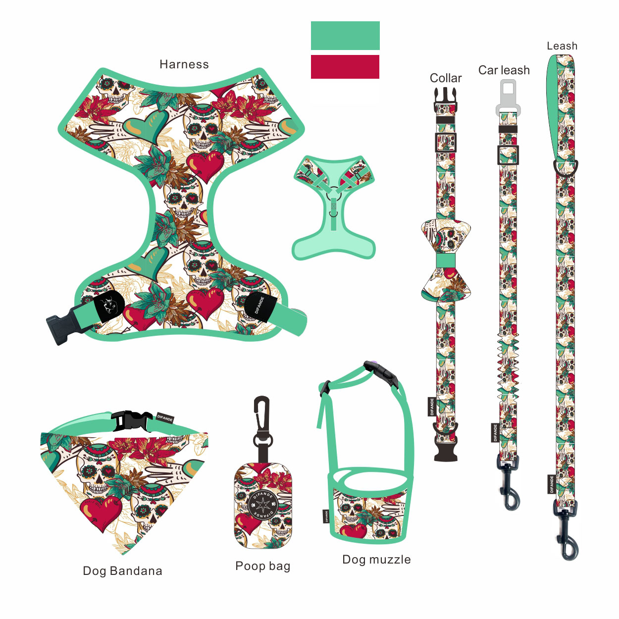 7 Pieces Small Soft Dog Harness M Size Collar Leash Set Ribbon Decoration