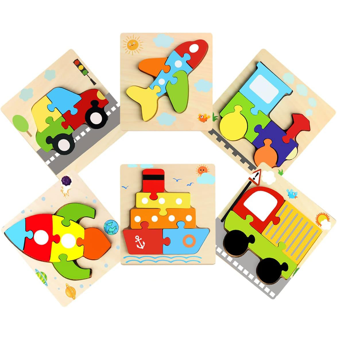 Unisex Kids Infant Toddlers 6 Packs Vehicle Shape Wooden Puzzles for Sensory Learning