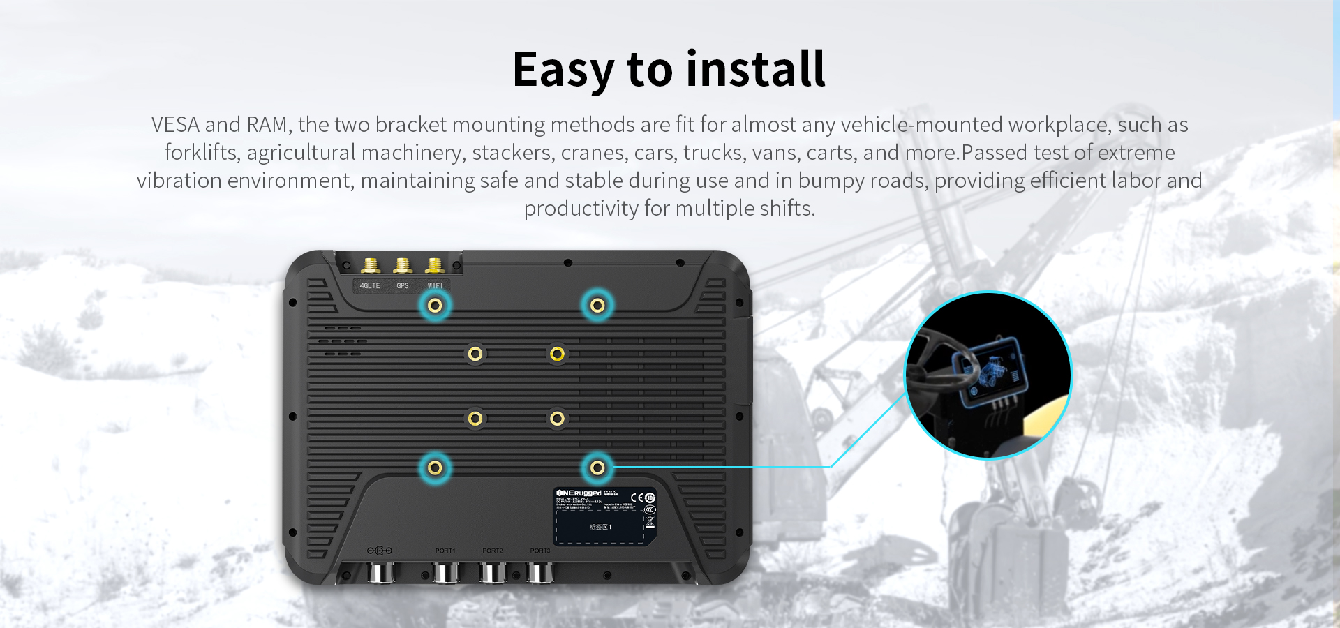 RS485 Capable V80J Rugged Vehicle Tablet with 1000nits Display and Wide Voltage Module