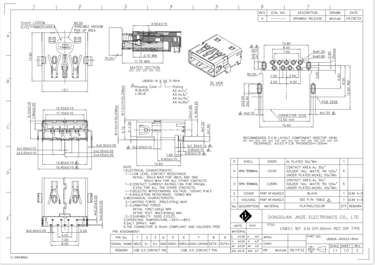 USB3.1 Type A PCB DIP USB Connector Socket Female 90 Degrees CH1.9mm