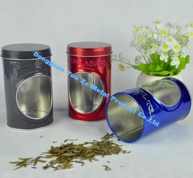 Embossed Black Tins Round Tin Box with Clear Window on Body Decorative Tin Container