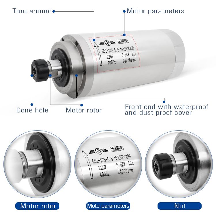 24000rpm High Speed 5.5kw Water Cooled Spindle Motor for CNC Router Stable Performance
