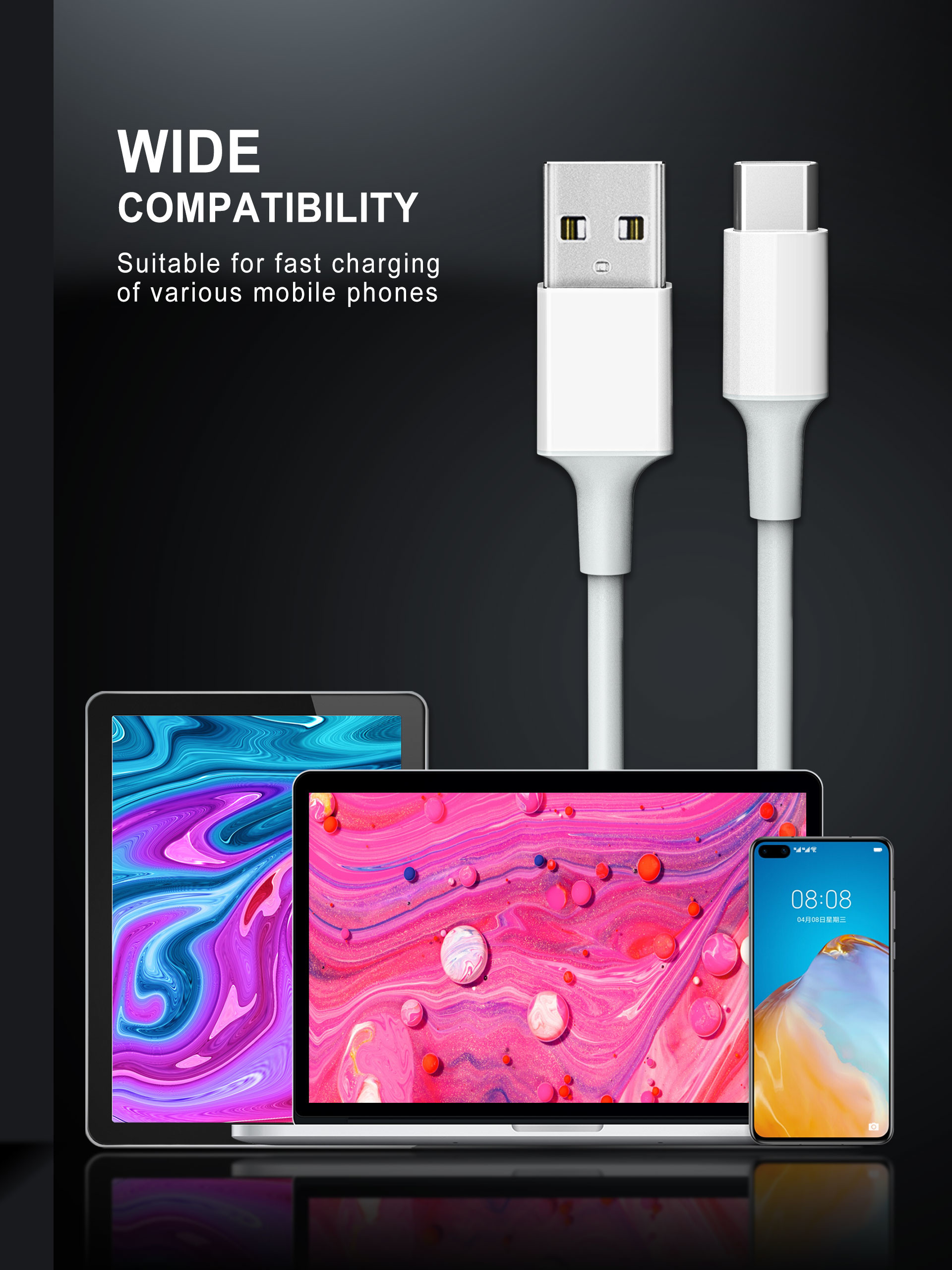 USB Type-C to USB-A 2.0 Male Charger Cable, 3 Feet (1 Meters), White