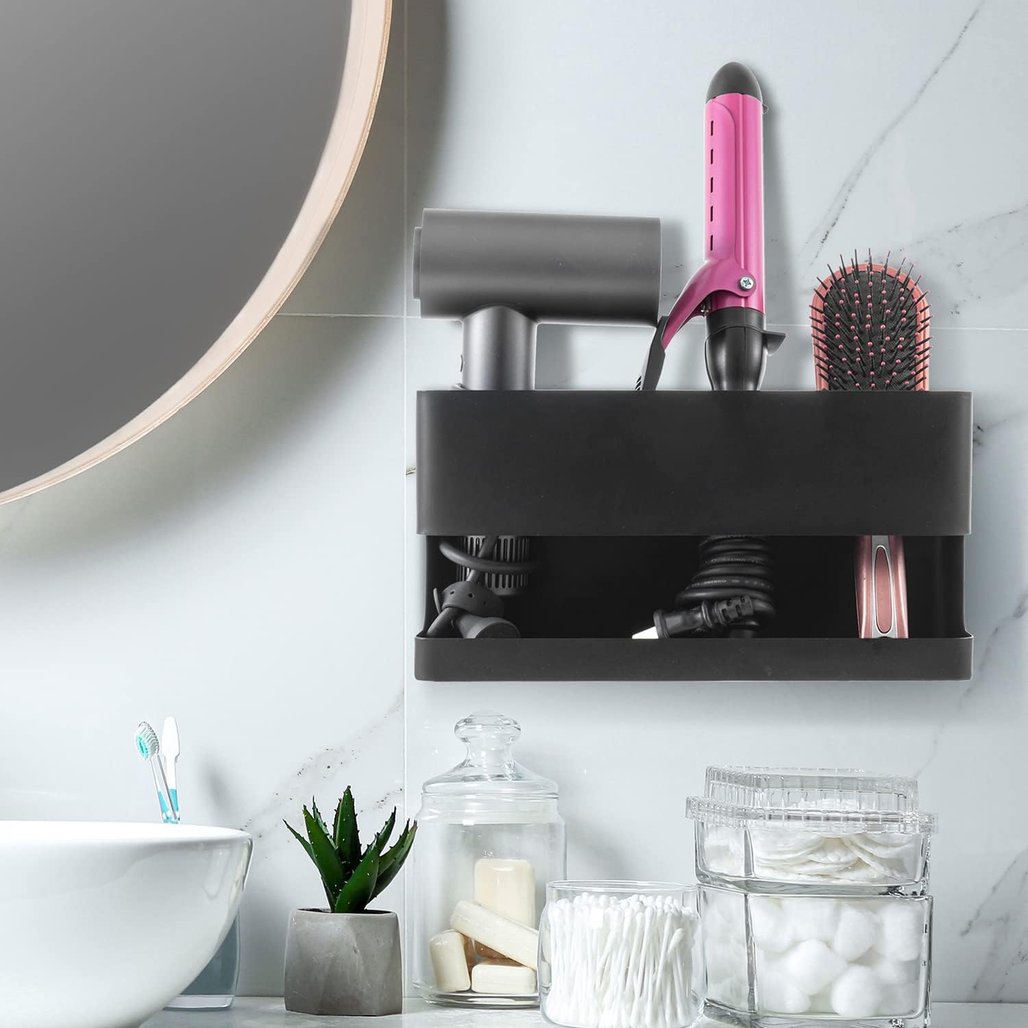 Hair Dryer Holder Wall Mounted Modern Black Metal Hair Tools Organizer for Blow Dryer