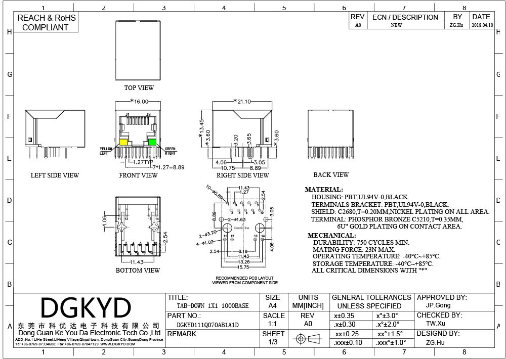 Single Port TAB UP RJ45 Modular Jack For Printed Circuit Board