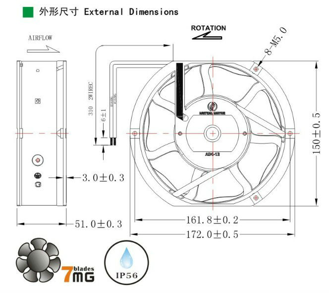 Small Electric 7 Inch AC Brushless Motor Fan , Waterproof IP68