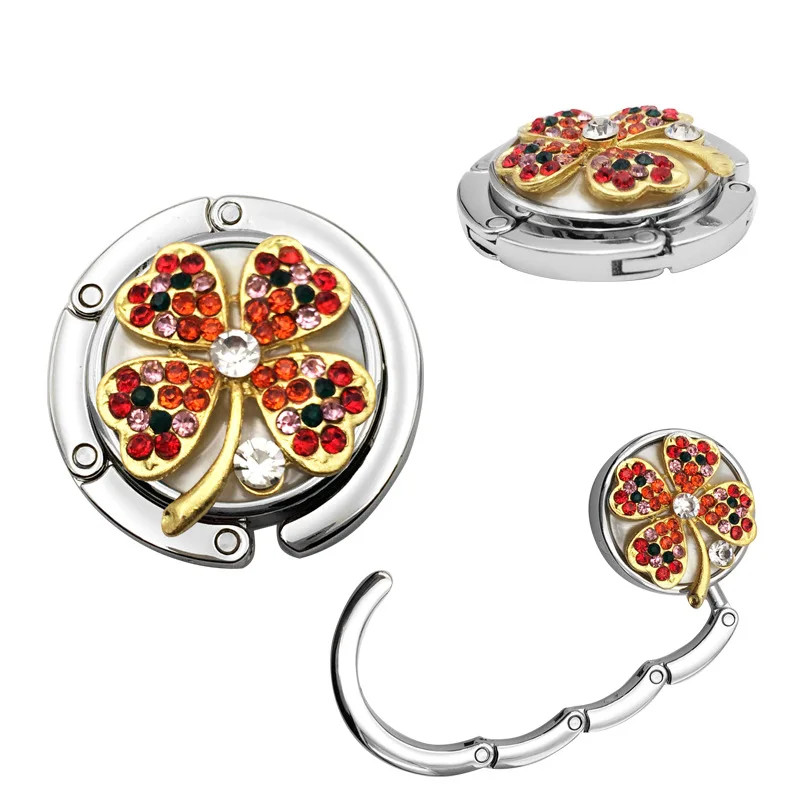 Custom Logo Metal Folded Round Purse Hooks Colored Diamond Clover Bag Hanger