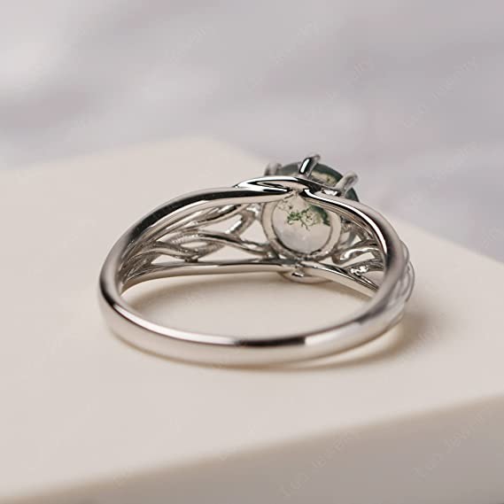 925 Sterling Silver Round Cut 7 MM Moss Agate Ring Personalized Promise Ring Abstract Ring for Women