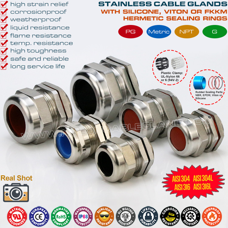 304, 316, 316L Stainless Steel PG Cable Glands IP68 Watertight Metal Compression Glands with Fluoroelastomer Seals