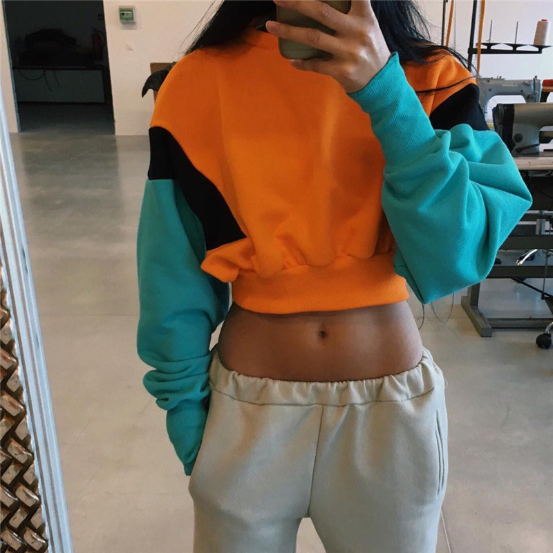 Sports Stitching Fleece Anti Pilling Women Crop Hoodie Sweatshirt