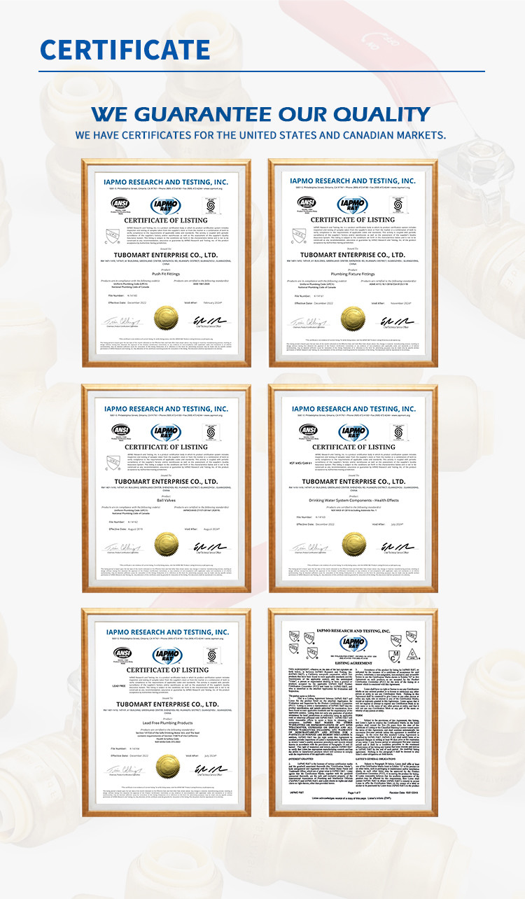 Brass Plumbing Push Fit Connectors Lead Free NSF Upc Certified