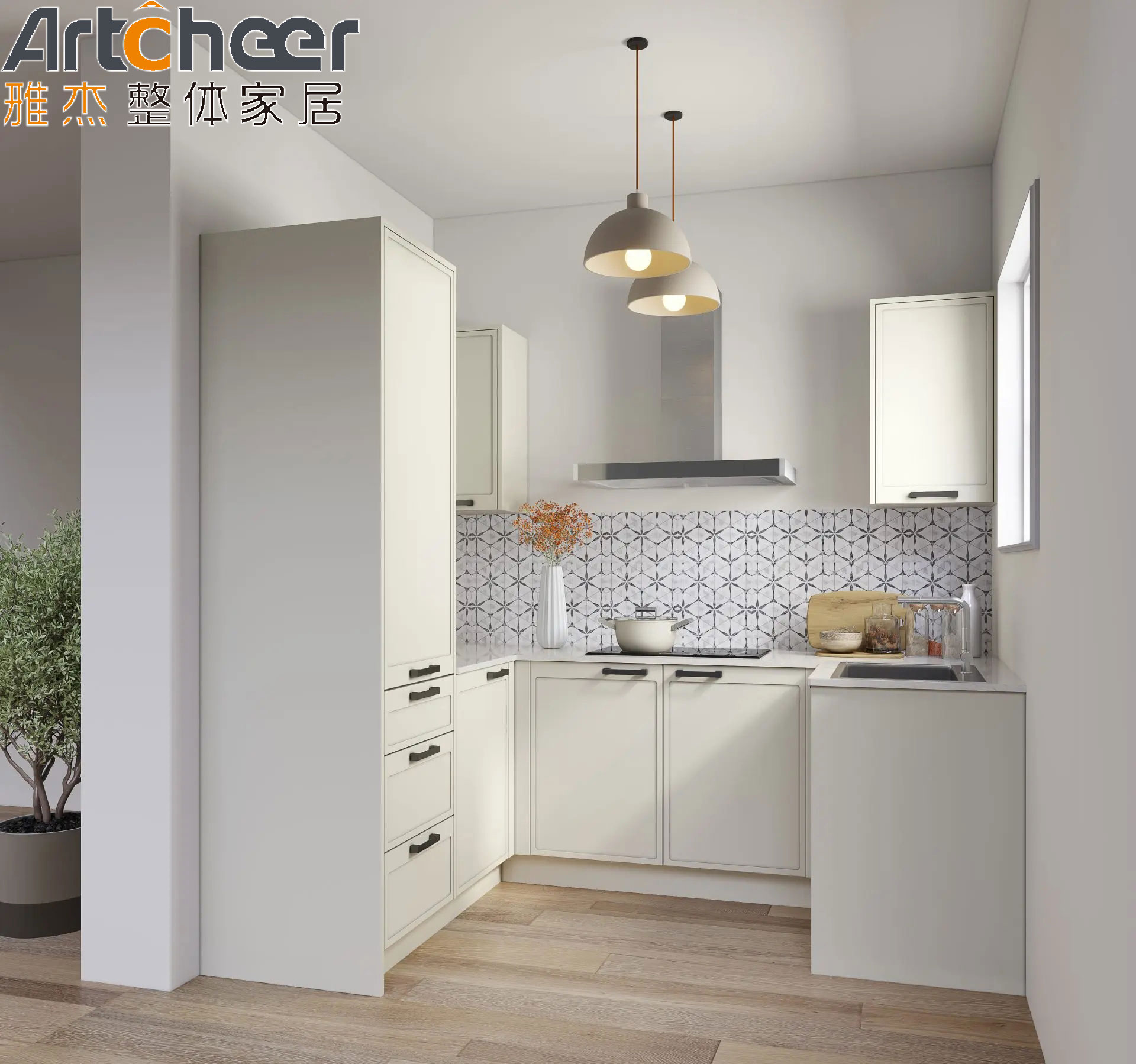 Blue Color Finish U Shape Kitchen Cabinet with End Solid Wood Design and Toe Kick Accessories