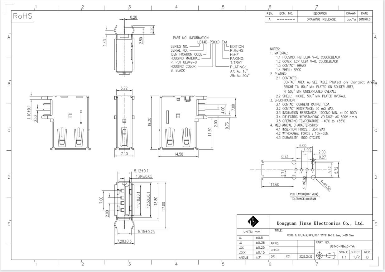 4Pin USB2.0 A Female DIP Connector Socket 90 Degrees