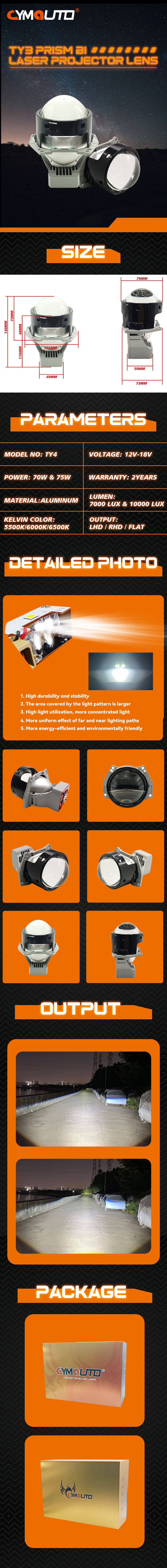CYMAUTO TY3 Projector Prism Lens 12V 9+2 Chip Double Cup High Power 70W/75W 7000LUX/10000LUX
