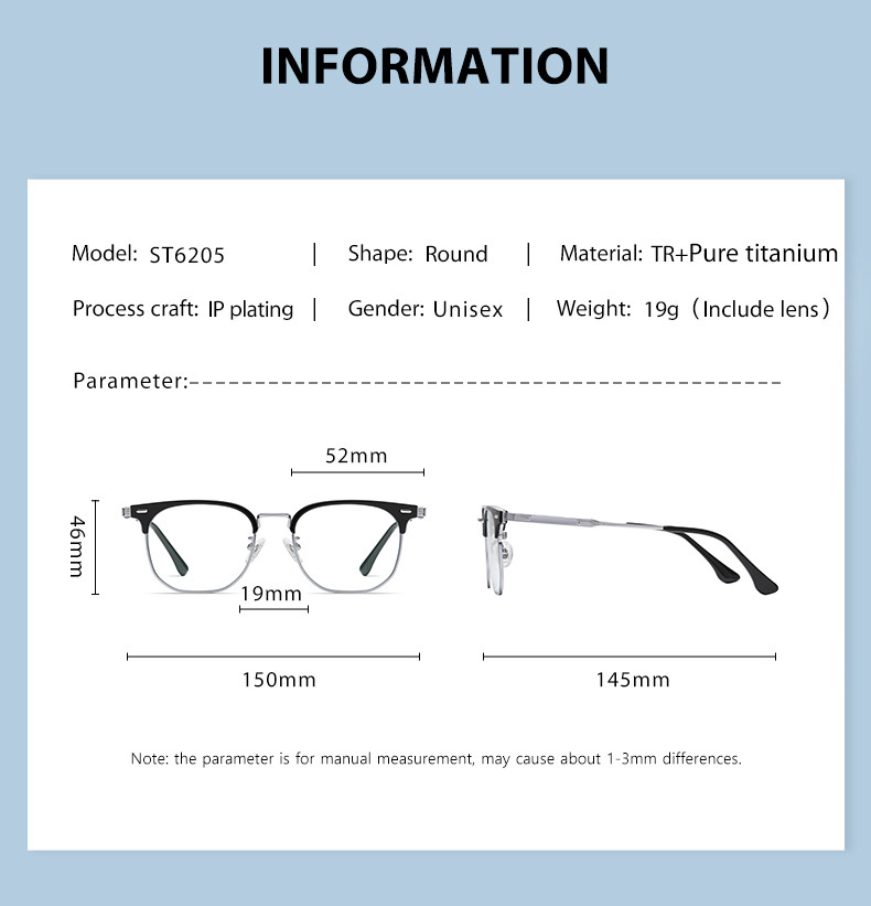 Classic Square Combination Glasses Men TR Titanium Frame Anti Blue Light