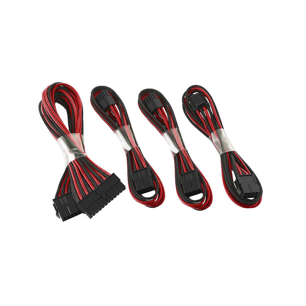 Sleeve Computer Cable Extension Kit - 24-pin ATX Cable Extension + Dual 6+2 Pin Series - BLACK/RED Elbow Data Cable