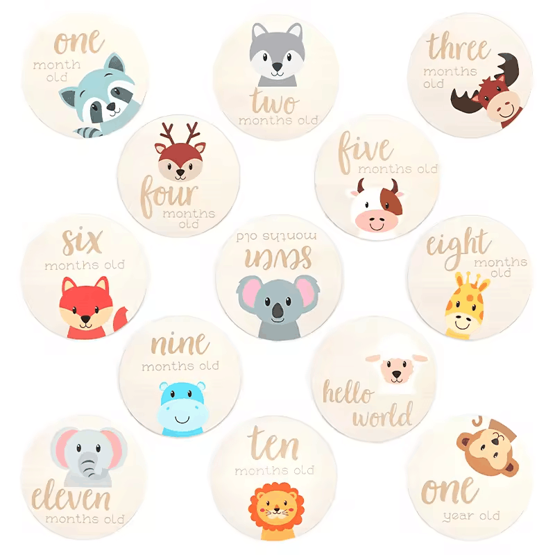 Monthly Milestone Card set 100mm Wooden Discs for Adorable Animals Milestone Cards of Your Newborn Boy/Girl