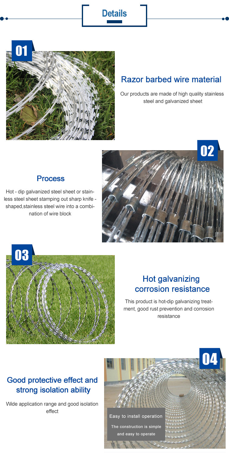 Flat Razor Galvanized Barbed Wire Razor Fence Roll PVC Coated 26mm~100mm Barb Distance